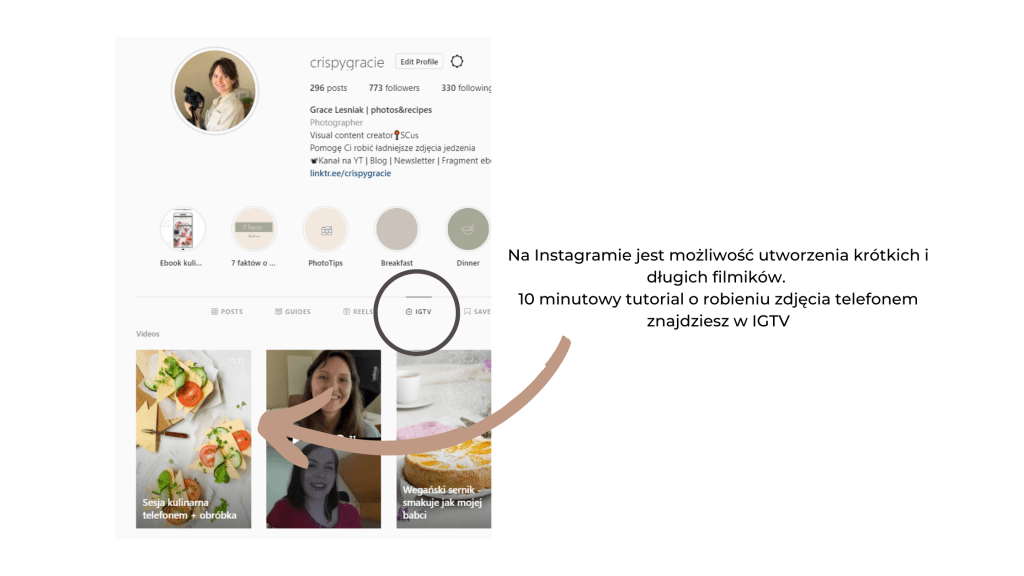 Jak znaleźć filmiki fotograficzne na koncie Instagrama Grace Lesniak @crisygraice
Tutoriale pokazują jak robić zdjęcia jedzenia telefonem i aparatem oraz przepisy. 
